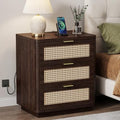 Kalrin 23" W Rattan Nightstand with 3 Drawers for Bedroom, Dark Walnut