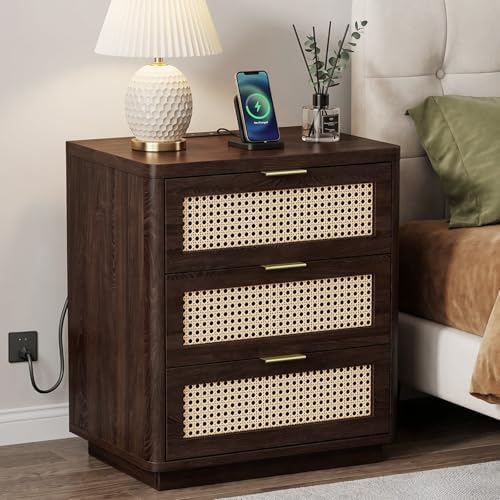 Kalrin 23" W Rattan Nightstand with 3 Drawers for Bedroom, Dark Walnut