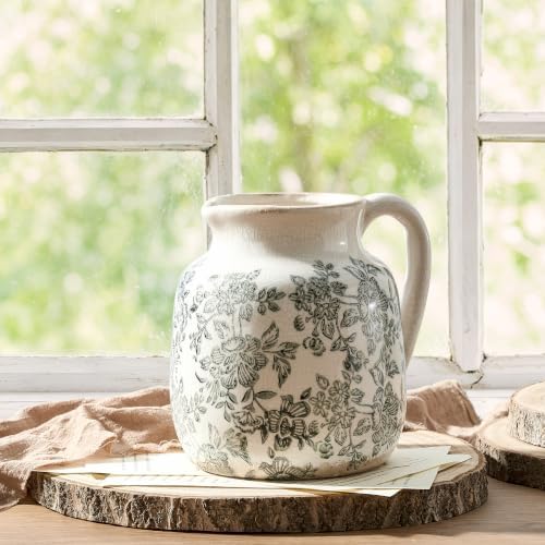 Ceramic Vintage Flower Vase, Utensil Holder, Chinoiserie Decorative Vase Decor Rustic Farmhouse Retro Floral Vases for Table Bookshelf Mantel Kitchen Living Room Office - 6.7” Gray 016
