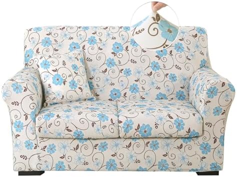 Stretch Printed Sofa Cover Couch Covers, 4-Piece Loveseat Slipcovers with 2 Separate Cushion Cover & 1 Pillow Case, Washable Spandex Furniture Protector for Living Room(Loveseat, Floral)