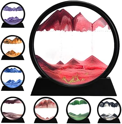 rysnwsu 3D Dynamic Sand Art Liquid Motion, Moving Sand Art Picture Round Glass 3D Deep Sea Sandscape in Motion Display Flowing Sand Painting Relaxing Desk Toys (Red, 12'')