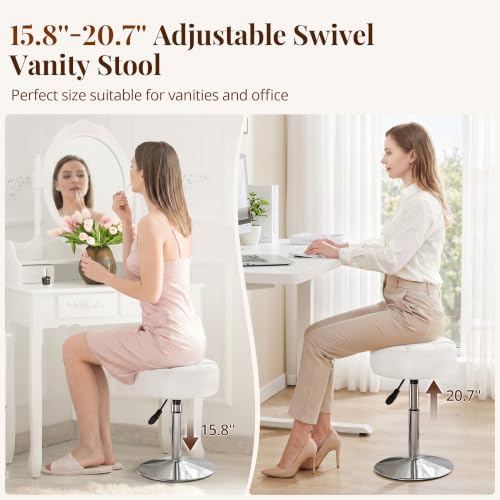 LUE BONA Adjustable Vanity Stool, 360 Swivel Chair for Makeup Room, White Faux Leather Stool for Bathroom & Living Room