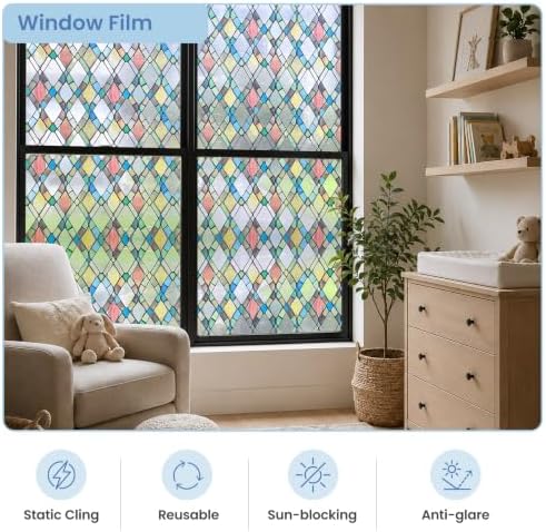 ADD.HERES Window Privacy Film One Way Daytime Privacy Static Cling, Mirror Vinyl Roll Heat Control Anti UV Window Tint for Home and Office, Non-Adhesive Window Film, Rainbow, 35.43" x 78.7"