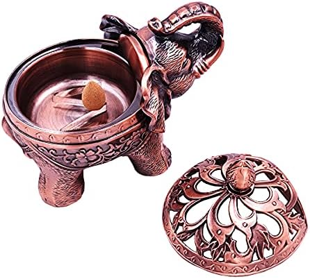 Hourwof Metal Elephant Incense Holder,Vintage Cone Coil Incense Burner with Lid,Ash Catcher,Aromatherapy Ornament Home Office Decor,Red Copper