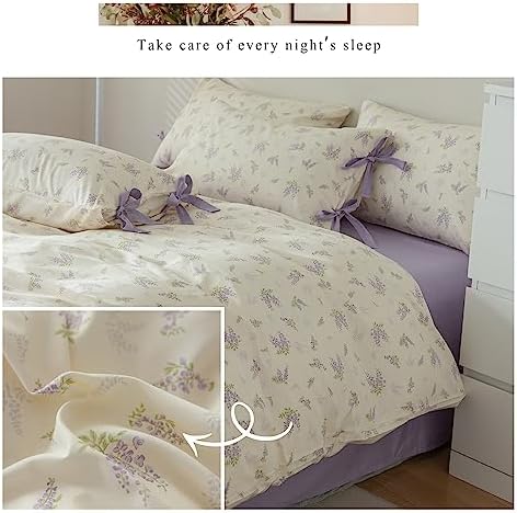 Cotton Duvet Cover Set Queen,3 Pieces Purple Floral Bedding Set,Girls Lavender Flower Duvet Cover with Zipper Closure-Queen,90x90 Inch