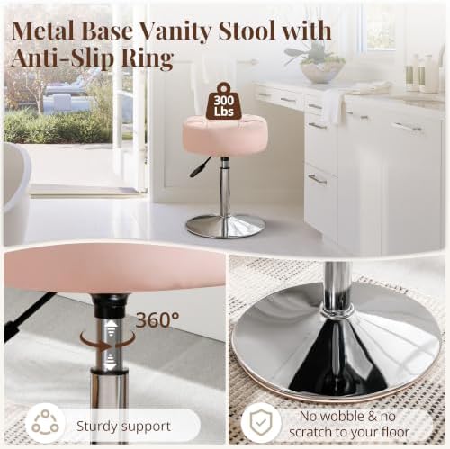 LUE BONA Adjustable Vanity Stool, 360°Swivel Vanity Chair for Makeup Room, Pink Stool Chair for Vanity, Small Faux Leather Vanity Stools for Bathroom, Living Room
