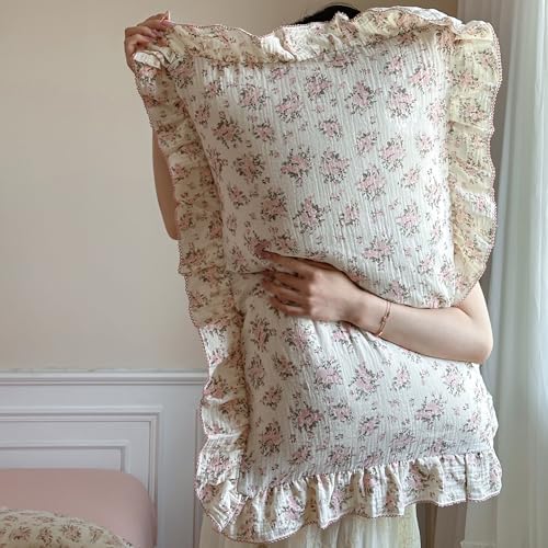 BuLuTu Chic Shabby Floral Duvet Cover King Cotton Muslin Bedding Set 3 Pieces, Cottagecore Ruffled Princess Comforter Cover with 2 Pillowcases, Pink Peony Pattern Quilt Cover for King Bed
