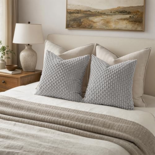 MIULEE Decorative Throw Pillow Covers 18x18 Light Grey Textured Corduroy