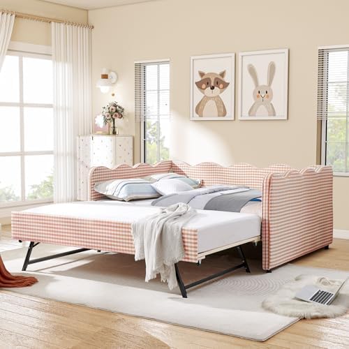 Full Size Daybed with Pop Up Trundle, Linen Gingham Full to King Daybed with USB Ports, Upholstered Day Bed Frame, Modern Sofa Bed for Living Room/Bedroom/Guest Room, No Box Spring Needed, Pink