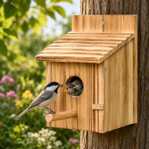 NATUREYLWL Wooden Birdhouse with Lift-Up Front Cleaning Door
