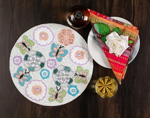 Beaded Round Placemats Set of 1, 13 Inch Butterfly Floral Ivory Multi