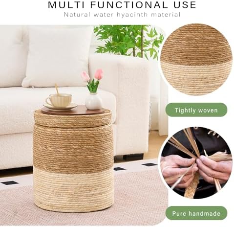 14" Natural Grass Round Storage Pouf Ottoman Handwoven Pouffe Rattan Stool