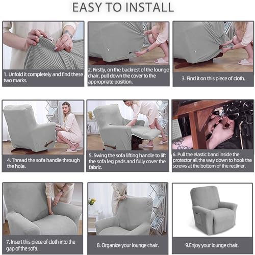 KEKUOU Recliner Chair Covers, 1-Piece Lazy Boy Recliner Covers, Silver