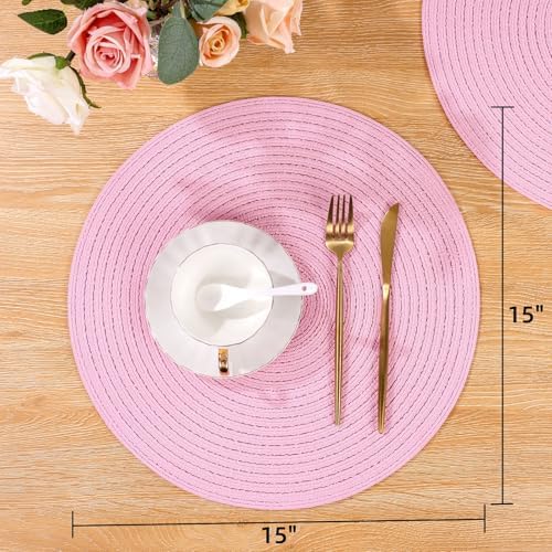 SHACOS Pink 15 inch Round Braided Placemats Set of 4 Washable Non Slip