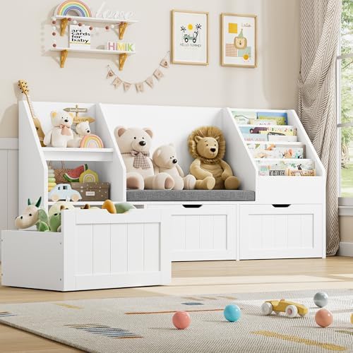 FOTOSOK Kids Bookshelf with Reading Nook, Toy Storage with Seat Cushion