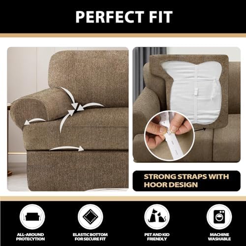 3 Pieces Sofa Covers fot T Cushion Loveseat Slipcover, Sofa Stretch Slip Covers for 2 Cushion Couch with 2 Individual T Shape Seat Covers (Brown, 2 Cushion)