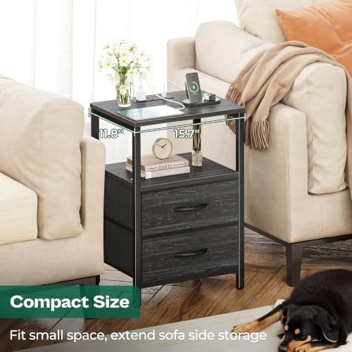 Huuger Nightstand with Charging Station, Side Table with Fabric Drawers