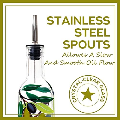 17oz Hand Painted Glass Olive Oil Bottle Dispenser - 500ml Green Oil & Vinegar Cruet with Pourers - Olive Oil Carafe Decanter for Kitchen (olive2)