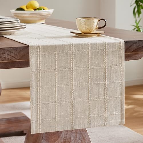 ZeeMart Linen Checked Farmhouse Table Runner, 13x72 Inches Neutral Beige