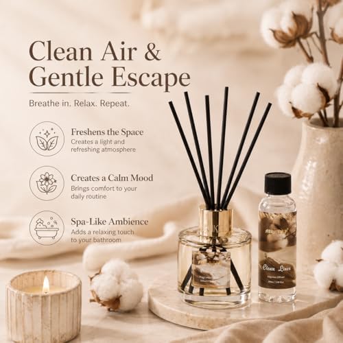 Airkeep Reed Diffuser Set with Refill & 8 Reed Sticks, 6.96 fl oz Clean Linen Home Fragrance, Long Lasting Aromatherapy Diffuser for Bedroom, Bathroom & Living Room