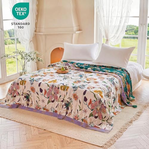 MSGKV Boho Throw Blanket 50"x60" 100% Cotton Butterfly Floral Blanket Couch