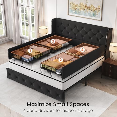 LARMACE Queen Size Bed Frame with 4 Storage Drawers and 47.2" Tall Wingback Headboard Upholstered Platform Beds Velvet Tufted Bed Frame with Wooden Slats Support, Easy Assembly, Black