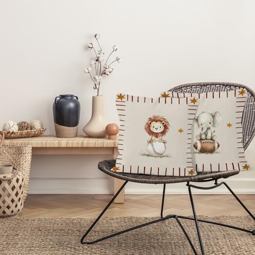 Sports Animal Nursery Throw Pillow Cover 18x18, Lion Elephant Decorative Pillow Covers for Kids Toddler Boy Nursery Room Bedroom Playroom, Kids Playroom Accent Pillows Cover Pillowcases, Set of 2