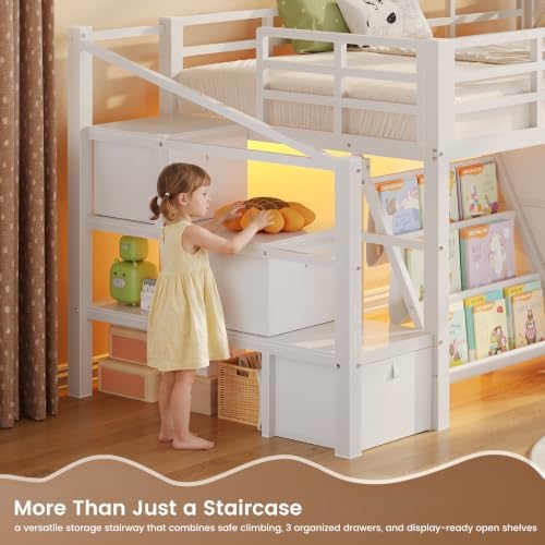 Low Loft Bed Twin Size with 9 Storage Drawers, Bookcase and LED Lights, Metal Kids Loft Bed with Stairs, Open Shelves and Safety Guardrail, Twin Loft Bed with Under-Bed Playhouse, Pure White