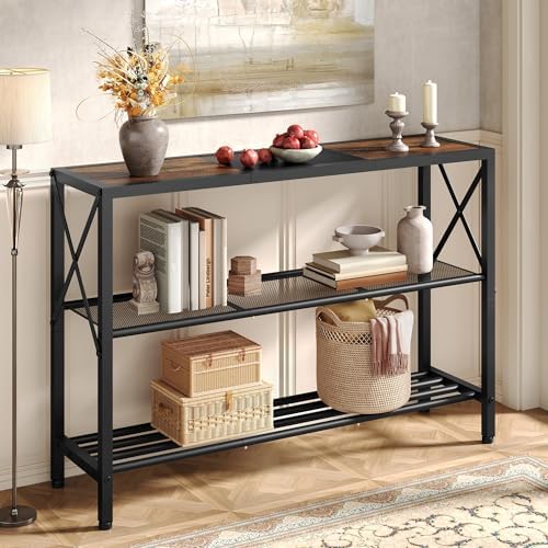 Hoctieon Industrial Console Table, 3 Tier Entryway Table, Hallway Tables, Narrow Sofa Tables with Shelves, Entrance Table for Entryway, Rustic Brown&Black