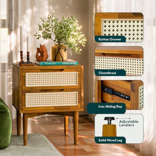Bme Oliver Solid Wood Rattan Nightstand, Bohemian & Mid Century, Caramel