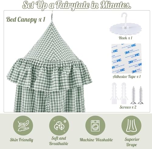 SmoothNovelty Gingham Plaid Bed Canopy, Green White, Round