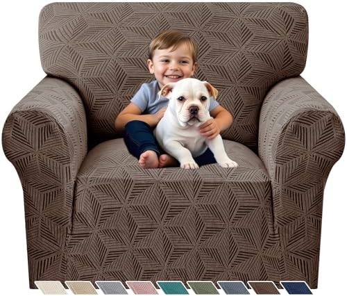 YEMYHOM 1 Piece Stretch Chair Sofa Slipcovers Couch Covers for 1 Seat, Jacquard Armchair Covers with Non-Slip Elastic Bottom, Thickened Furniture Protector for Dogs Pets kids (Small, Brown）