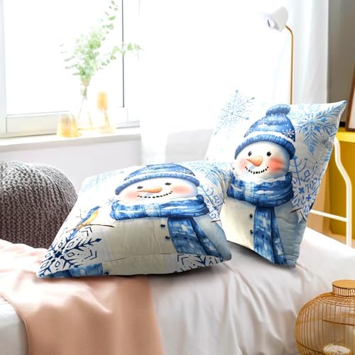 Winter Snowman Throw Pillow Covers 20x20 inch Set of 2 Christma Snowman Blue Snowflakes Bird Decorative Pillowcase Xmas Holiday Cushion Cover for Home Sofa Patio