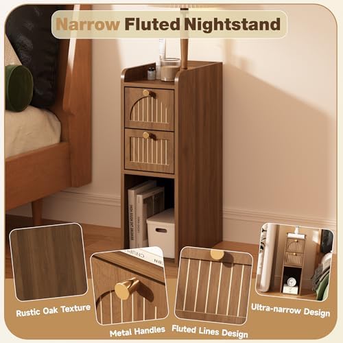 7.87" Narrow Nightstand Set of 2, Fluted Slim Bedside Table with 2 Drawers, Mid Century Modern Small End Table with Gold Metal Handles, for Bedroom, Living Room & Small Spaces - Walnut