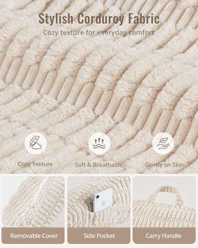 Blissful Diary Reading Pillow, Backrest Pillow with Shredded Memory Foam for Adult & Children, Designed for Bed and Couch Sitting Up, Includes Arms, Pockets and Washable Cover, Off White