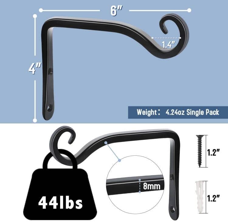 FEED GARDEN Heavy Duty Plant Hooks - 2 Pack 6 Inch Wall Mounted Hanging Brackets, 44lb Capacity Steel Plant Hangers for Bird Feeders, Baskets, Wind Chimes - Black