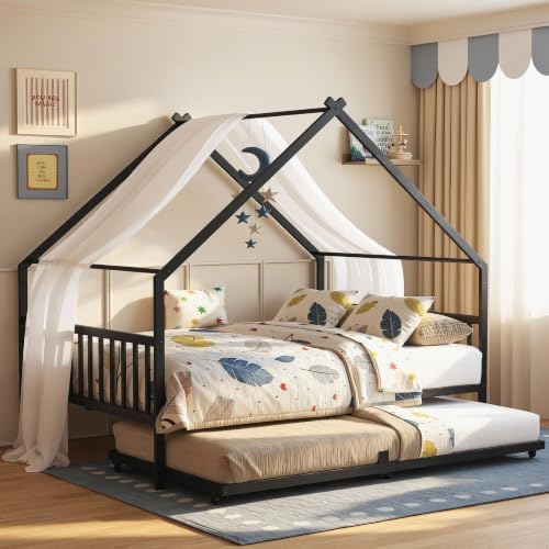 LIKIMIO Daybed with Trundle, House Full Bed Frame for Bedroom, Black