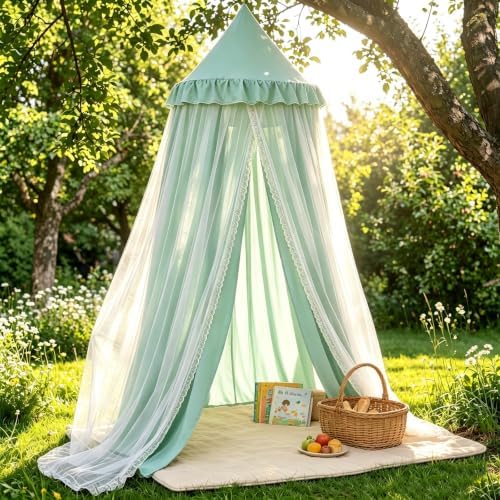 Kertnic Princess Bed Canopy for Girls, Double Layer Round Bed Mosquito Net, 31.5" Large Dome Indoor Castle Bed Tent, Sleeping & Reading Nook Curtain for Boys Girls (Green)