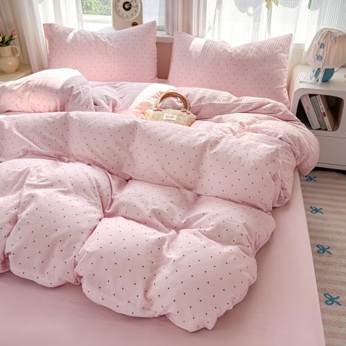 LifeTB Pink Duvet Cover Set Full Size, 100% Muslin Cotton Polka Dot Duvet Cover with 2 Pillowcases, Breathable Soft All Seasons Gauze Comforter Cover, Aesthetic Coquette Bedding Set for Girls