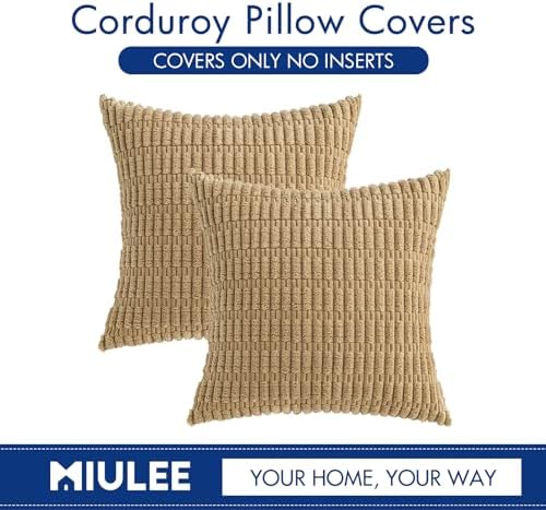 MIULEE Corduroy Decorative Throw Pillow Covers 18x18 Khaki Pack of 2