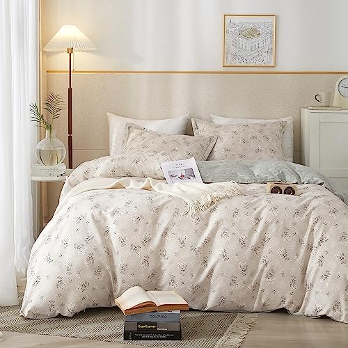 HighBuy Boho Floral Duvet Cover Full Cotton Aesthetic Bedding Set,Comforter Cover 3 Piece,Reversible Green Garden Lightweight,Soft,Zipper Closure,Breathable,All Season