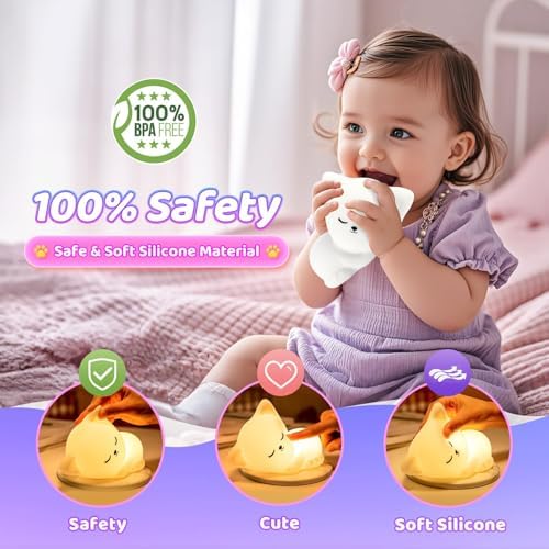 Cat Night Light for Kids 16 Colors, Silicone Squishy Girls Cat Themed Gifts