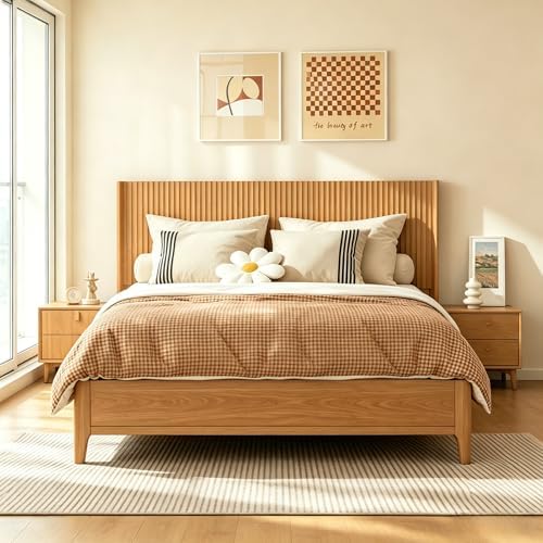 COCO DESIGN Queen Size Fluted Headboard Only, 64" Natural Oak Wall Mount