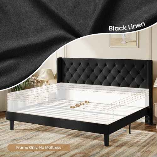 SHA CERLIN King Upholstered Bed Frame, Button Tufted Design, Black