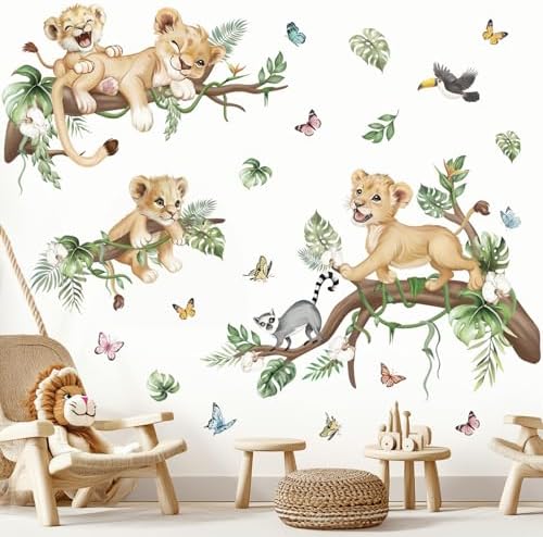 wondever Safari Animal Lions Wall Decals Animal Tree Branch Wall Stickers