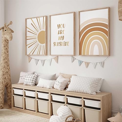 Baccone Boho Nursery Wall Art Baby Girl Wall Decor Kids Rainbow Canvas Wall Art You Are My Sunshine Pictures Toddler Sun Prints Nursery Artwork for Room Bedroom Set of 3 16x24 Inch Unframed