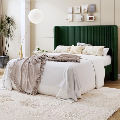 SHA CERLIN Queen Corduroy Platform Bed with Tufted Wingback Headboard/Green