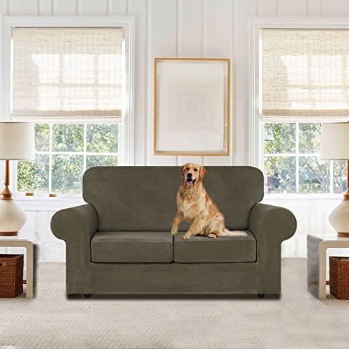 WEERRW Velvet Stretch 3 Pieces Couch Cover for Sofa Washable, Light Brown