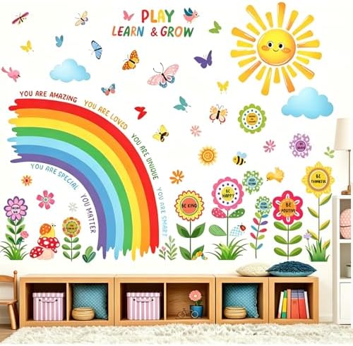 Rainbow Sun Wall Decals for Kids, Play Learn & Grow Inspirational Quotes, Butterfly Flower Wall Stickers, Removable Peel and Stick Nursery Decor for Toddler Bedroom Playroom Classroom (Rainbow Sun)