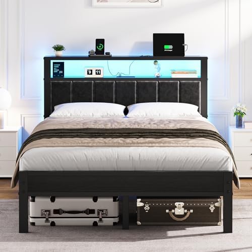 OLEVS Full Bed Frame with LED Lights & Charging Station Modern Platform Bed
